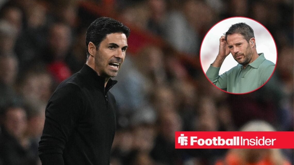 Mikel Arteta shouting in a black jumper and Jamie Redknapp in inset
