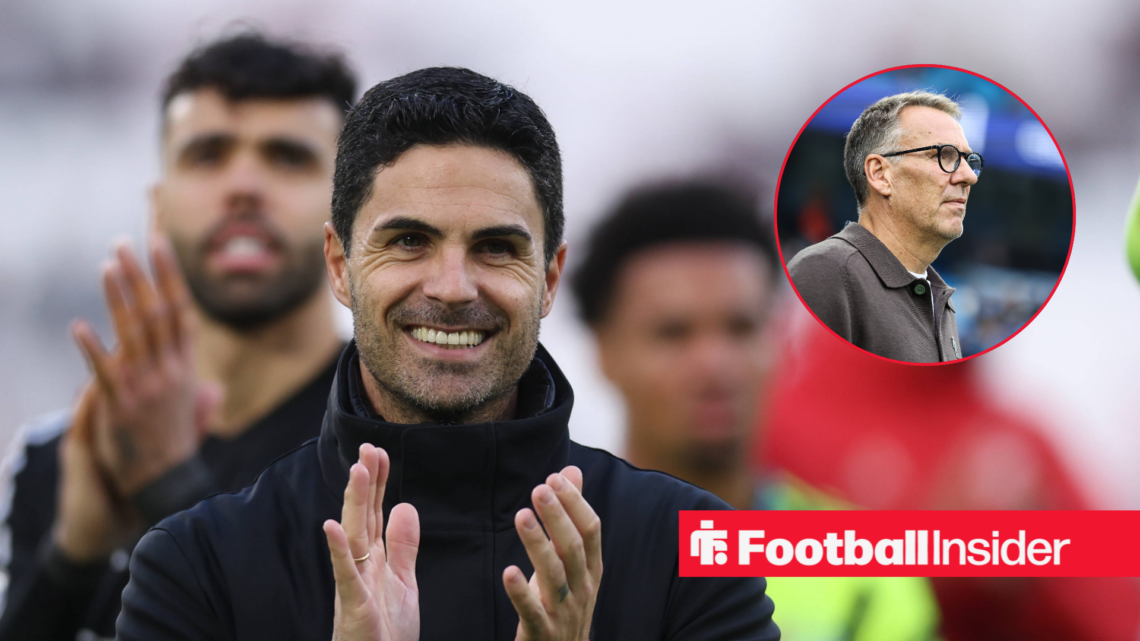 Mikel Arteta smiling in a black coat and Paul Merson in inset