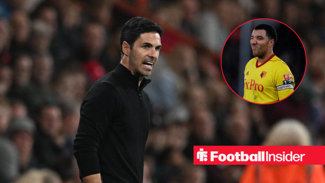 Mikel Arteta in a black jumper and Troy Deeney in a yellow Watford kit in a red circle