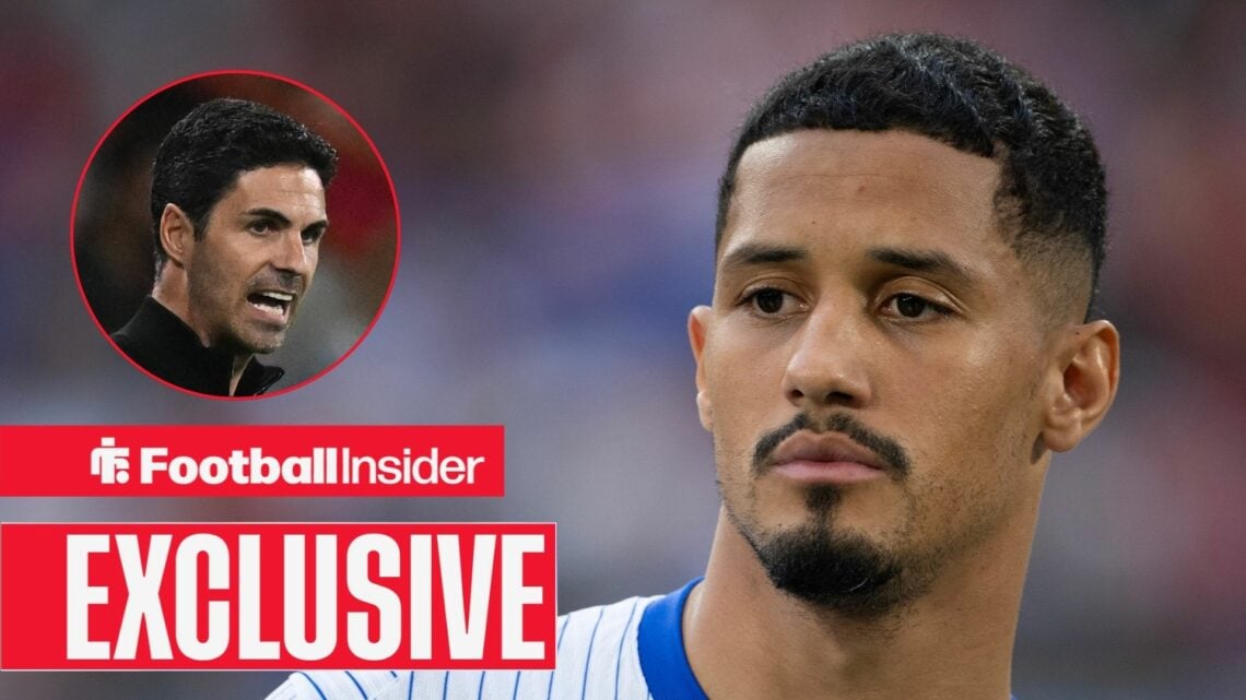 Mikel Arteta shouting on the left above a EXCLUSIVE banner and a focused William Saliba on the right