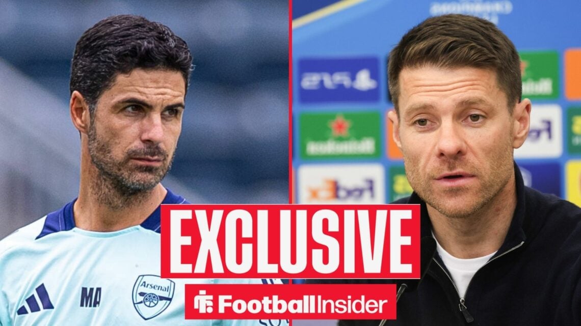 Mikel Arteta staring on the left at Xabi Alonso talking on the right with an EXCLUSIVE banner in the middle