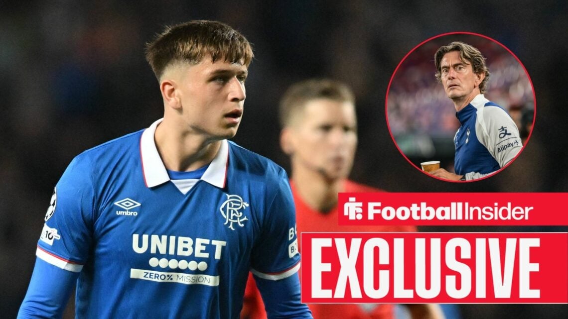 Mikey Moore in a Rangers shirt alongside Thomas Frank in a circular frame