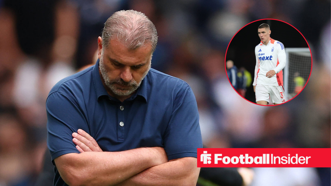 Ange Postecoglou in a blue polo shirt and Nikola Milenkovic in a white Nottingham Forest track suit