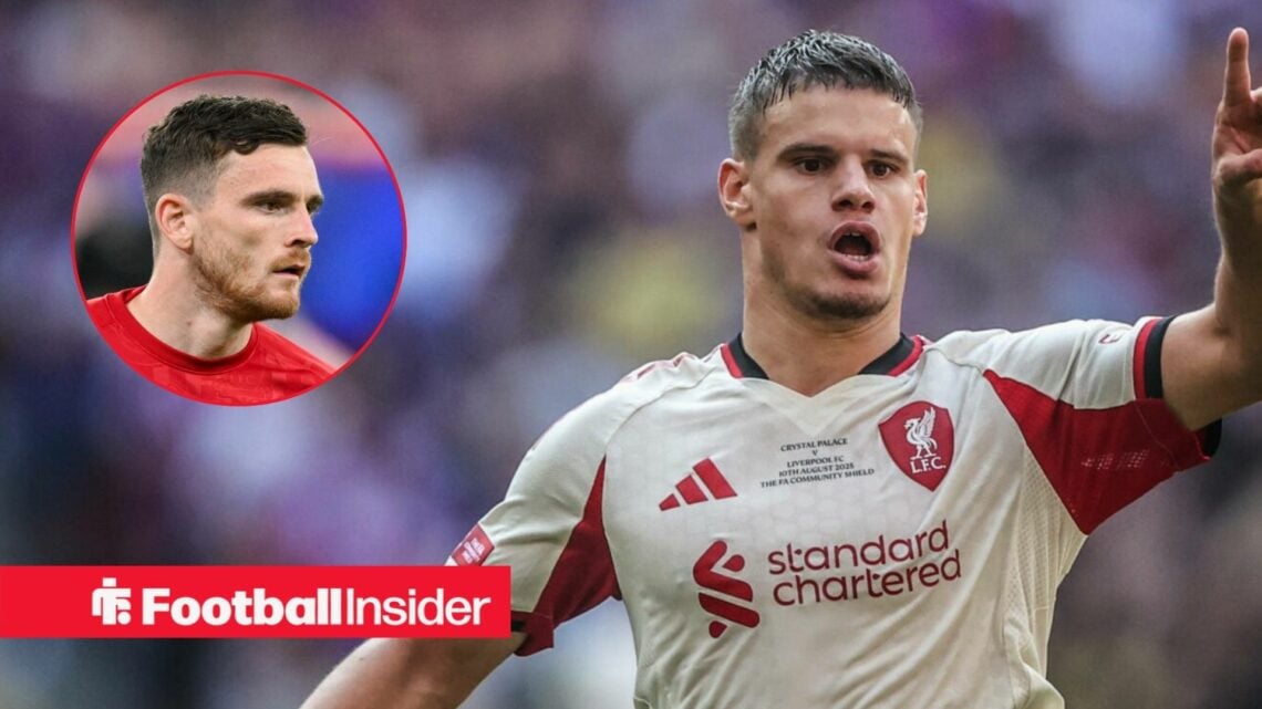 Milos Kerkez in white Liverpool shirt with Andy Robertson inset