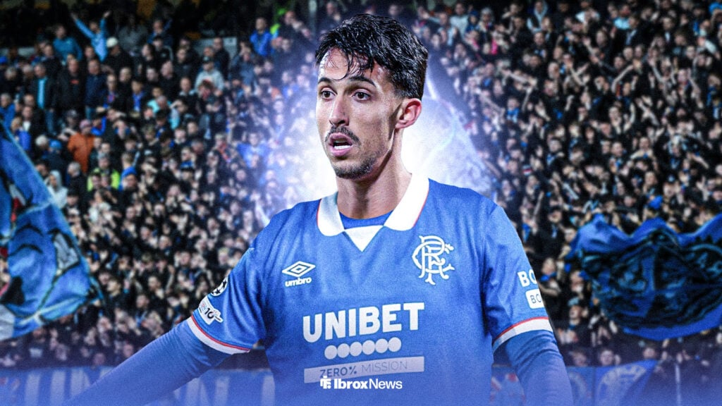 Bojan Miovski in a Rangers shirt at Ibrox