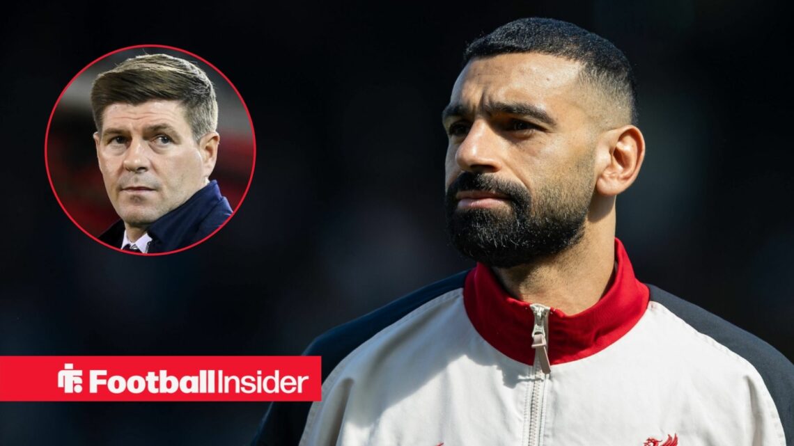 Liverpool forward Mo Salah, alongside a circular inset of Steven Gerrard