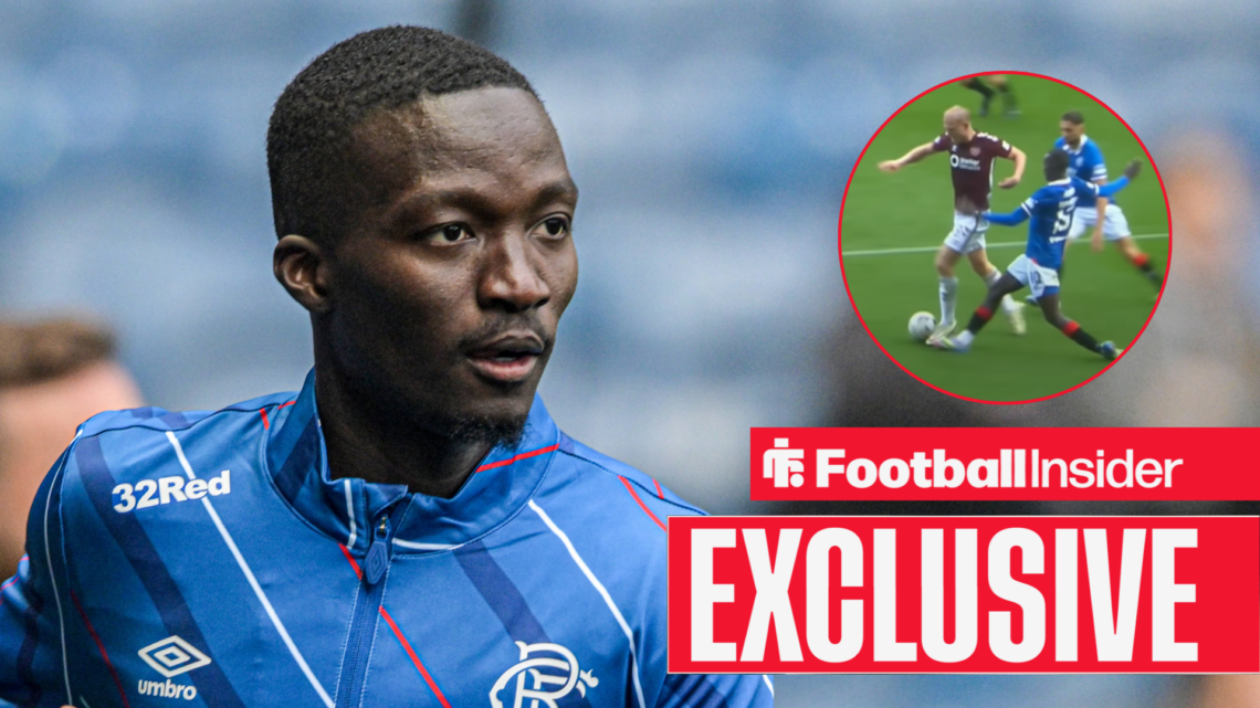 Mohamed Diomande at Ibrox, his challenge in a circular inset