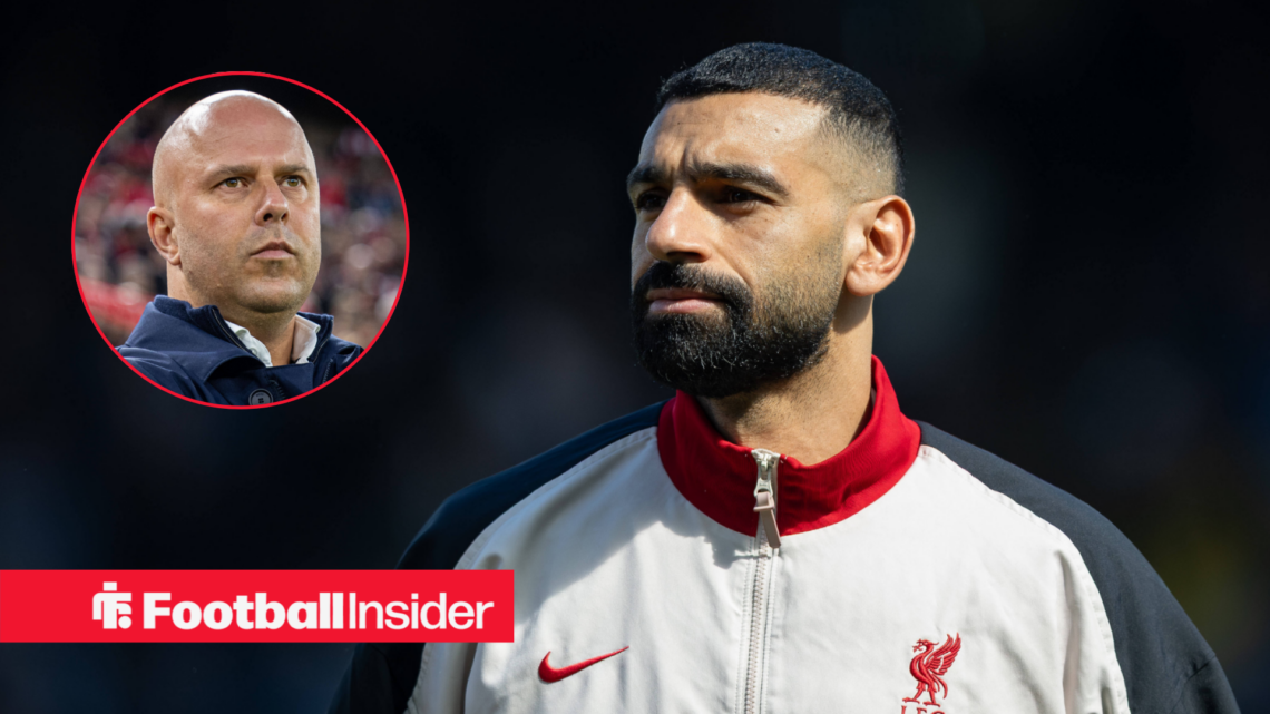 Mohamed Salah pre-match for Liverpool, with Arne Slot in a circular inset
