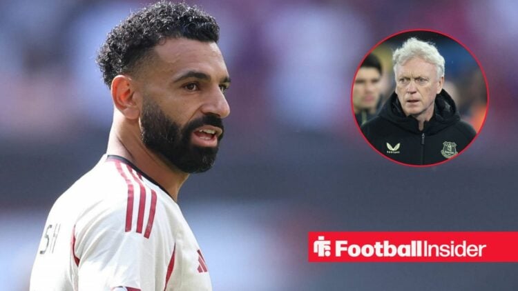 Mohamed Salah in a white Liverpool shirt alongside an image of David Moyes in a circular frame