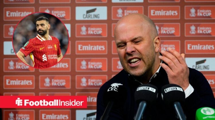 Arne Slot angry in a black jumper and Mohamed Salah in inset