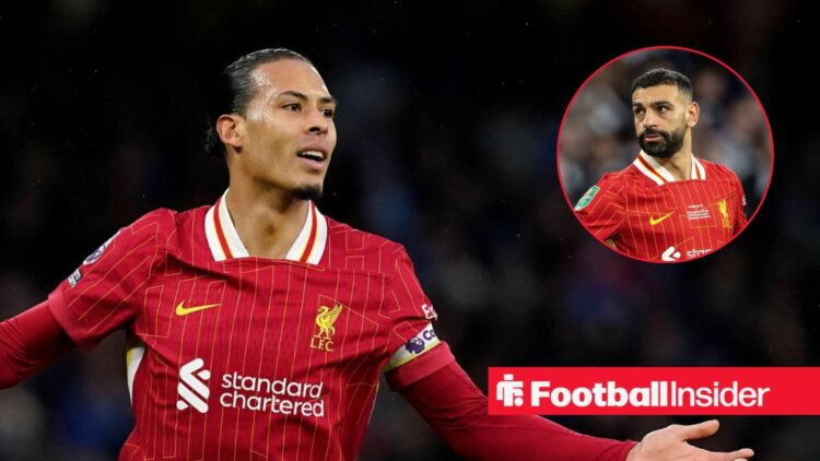 Virgil van Dijk with his hands out in a Liverpool kit and Mohamed Salah in inset