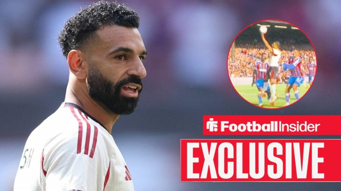 Mohamed Salah in a Liverpool kit, handball incident in a circular inset