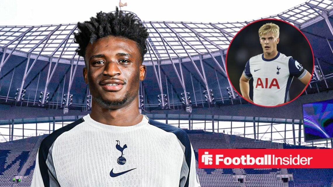 Mohammed Kudus in a Tottenham home shirt alongside Lucas Bergvall in a circular frame