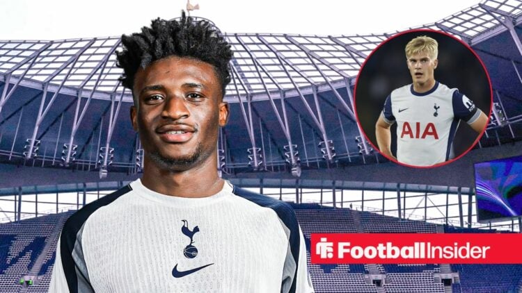 Mohammed Kudus in a Tottenham home shirt alongside Lucas Bergvall in a circular frame