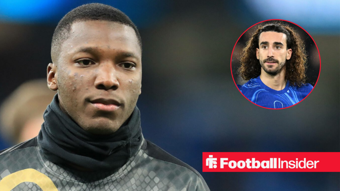 Moises Caicedo in Chelsea training shirt with Marc Cucurella inset