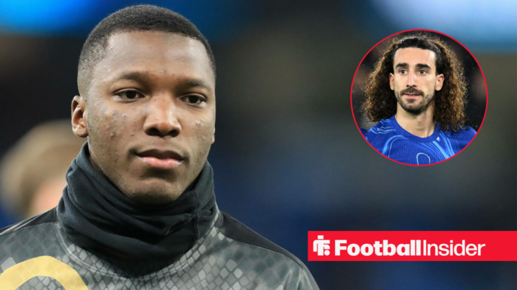 Moises Caicedo in Chelsea training shirt with Marc Cucurella inset