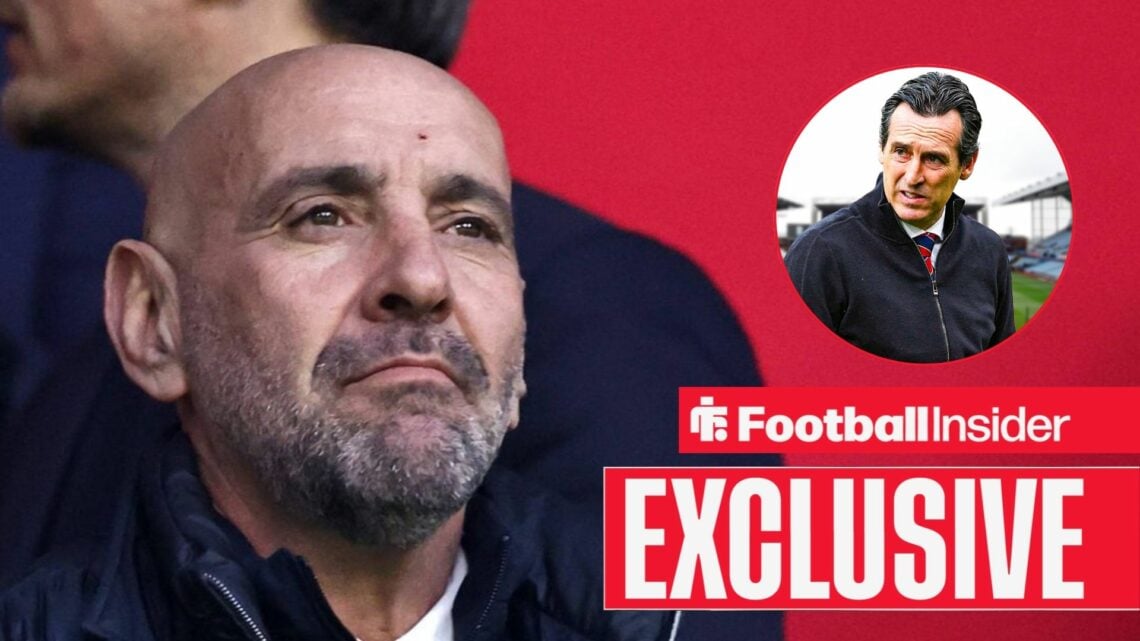 Monchi looks at Unai Emery in a circular inset