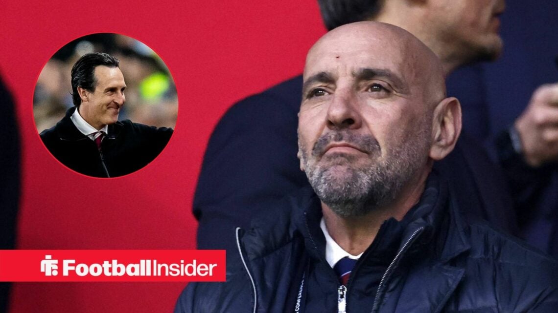 Monchi looking at Unai Emery in a circular inset