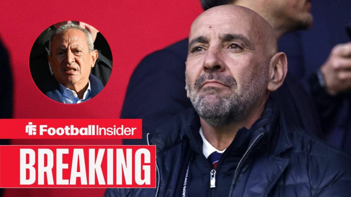 Aston Villa's Monchi looks on from the stands with co-owner Nassef Sawiris left inset