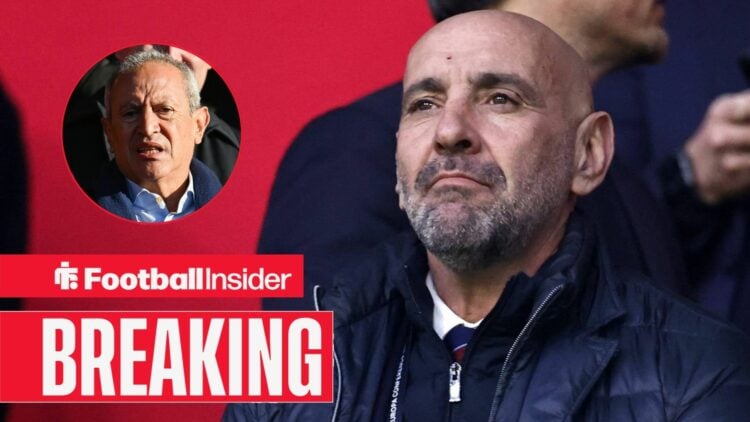 Aston Villa's Monchi looks on from the stands with co-owner Nassef Sawiris left inset