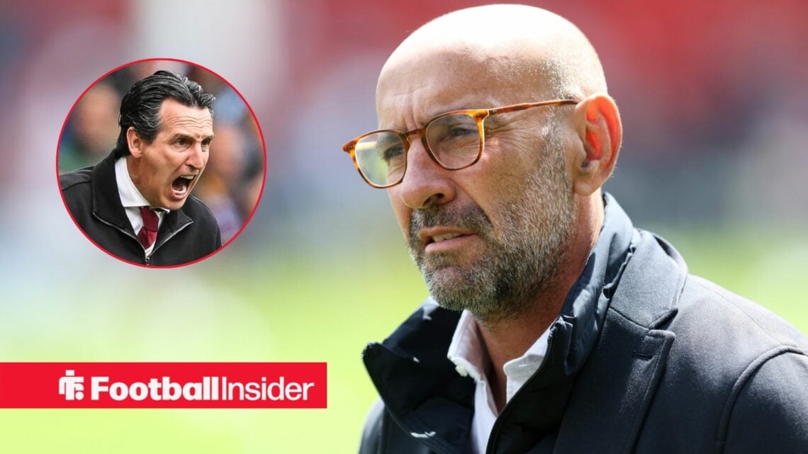 Aston Villa's president of football operations Monchi looking uncertain at manager Unai Emery who is shouting from the sidelines left inset