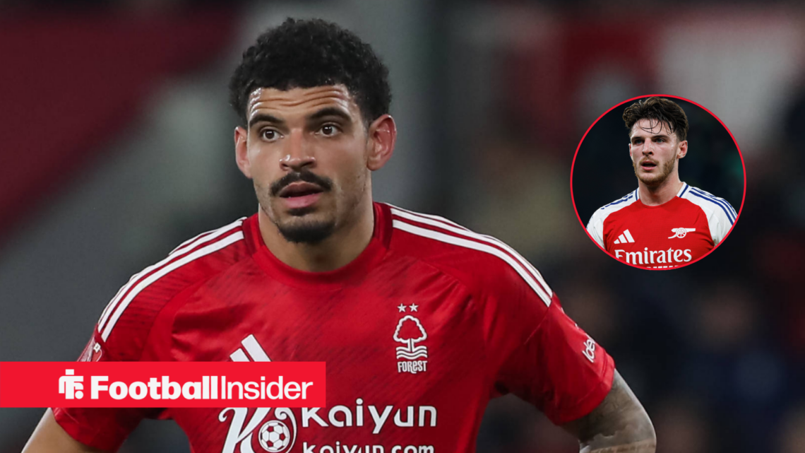 Morgan Gibbs-White in a Nottingham Forest shirt next to Declan Rice in an Arsenal shirt