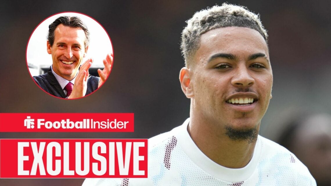 Aston Villa's Morgan Rogers smiling at the camera with boss Unai Emery also smiling and clapping left inset