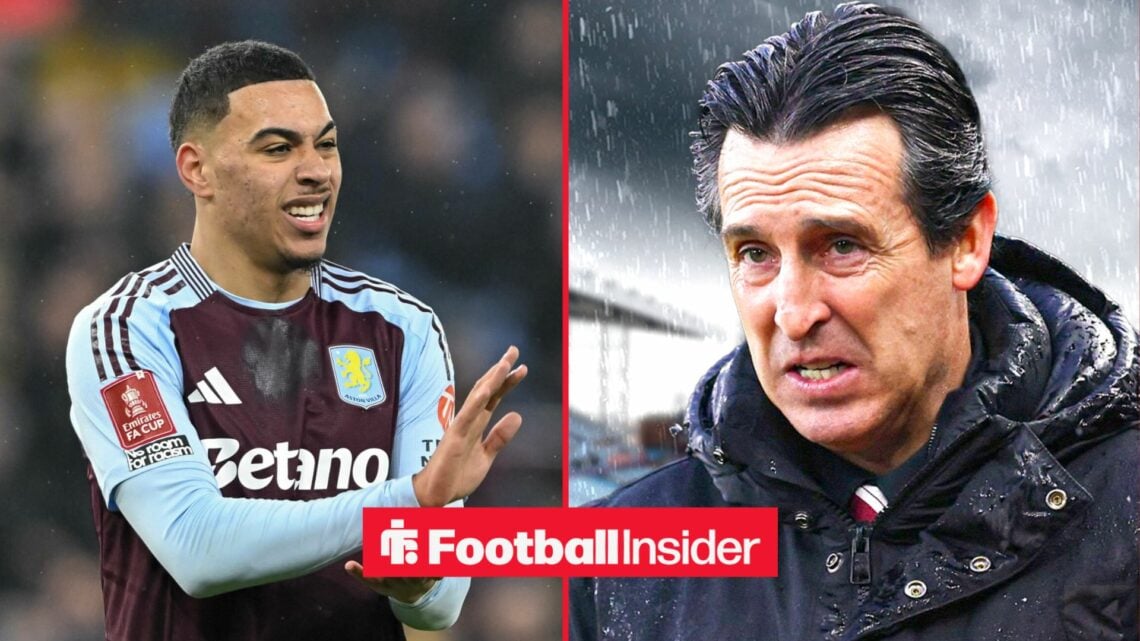 Morgan Rogers in an Aston Villa home shirt alongside Unai Emery looking worried