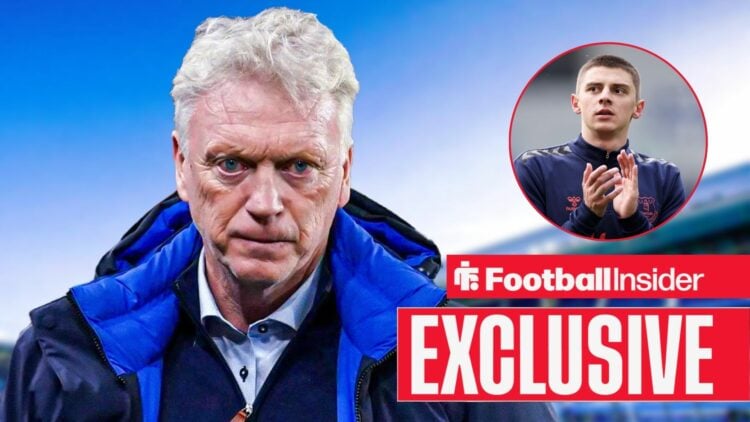 David Moyes looking at Vitalii Mykolenko in a circular inset