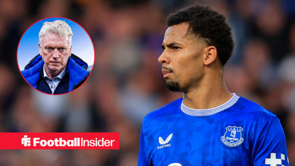 Iliman Ndiaye in an Everton kit, David Moyes in a circular inset