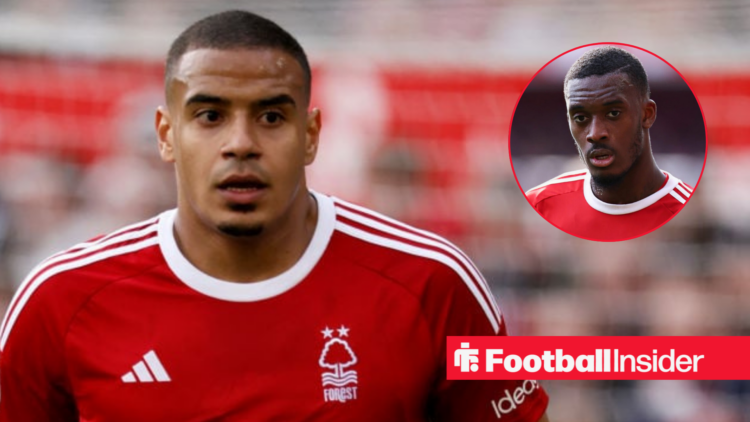 Murillo in home Nottingham Forest shirt with Callum Hudson-Odoi inset