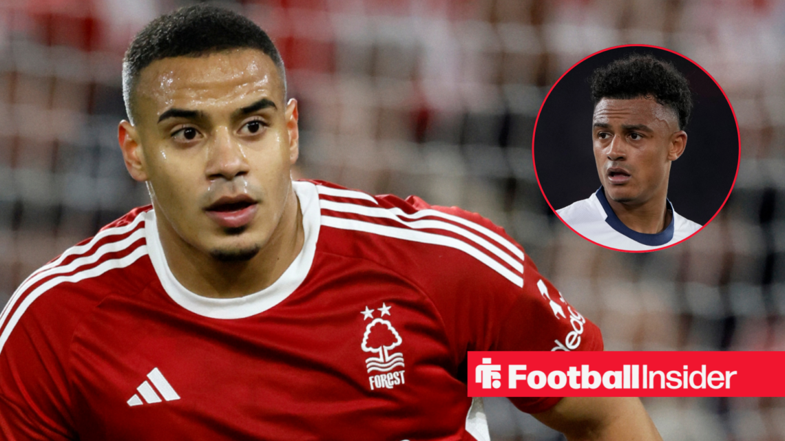 Murillo in home Nottingham Forest shirt with Dan Ndoye inset