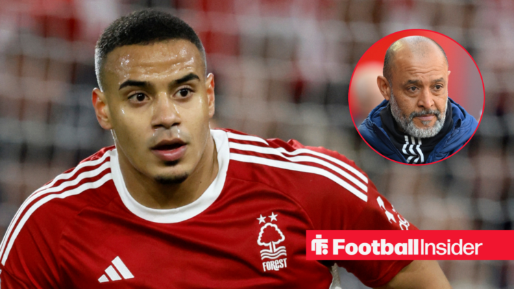 Murillo in Nottingham Forest home shirt with Nuno Espirito Santo