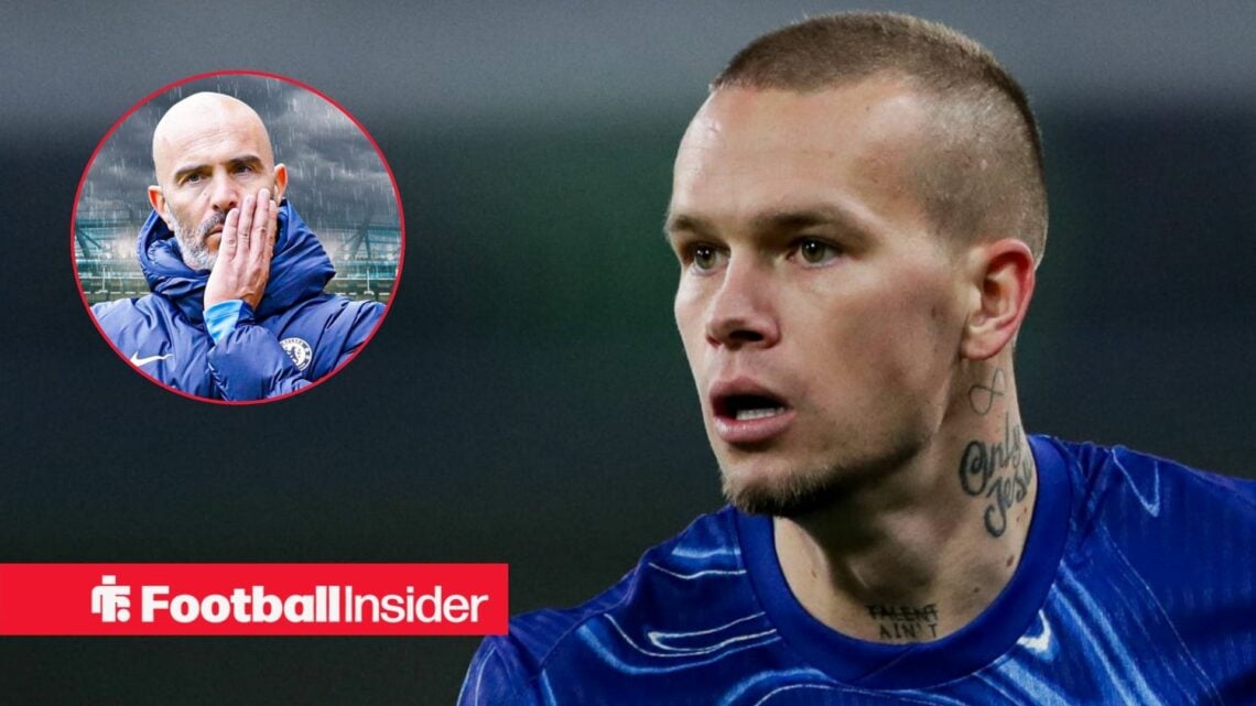 Mykhailo Mudryk in Chelsea home shirt with Enzo Maresca inset