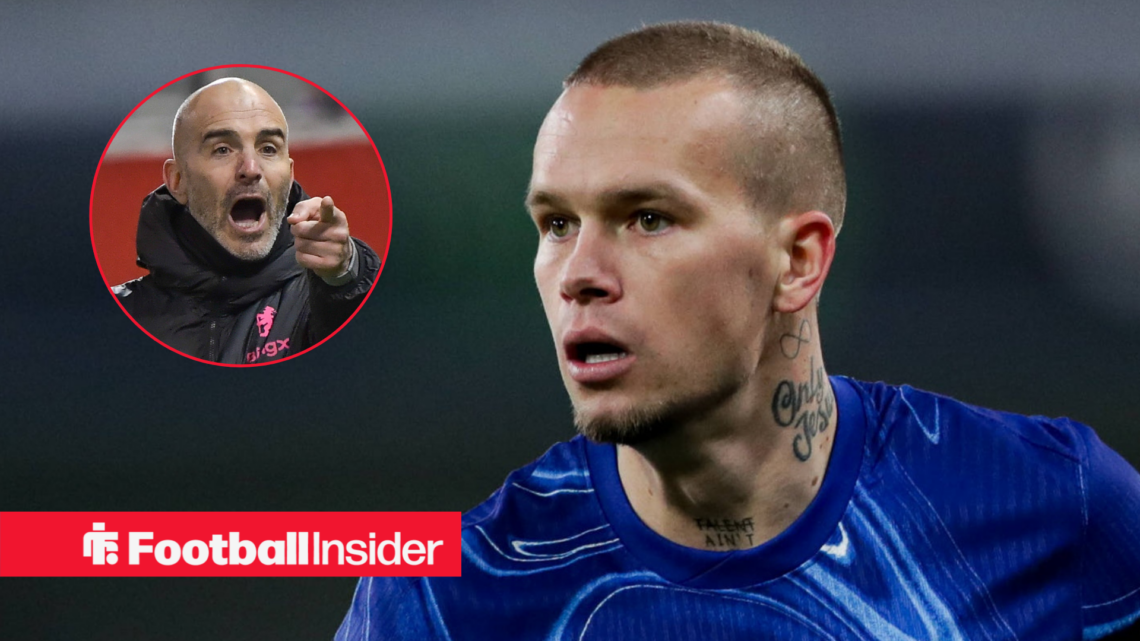 Mykhailo Mudryk in a Chelsea shirt with Enzo Maresca included in a circular inset