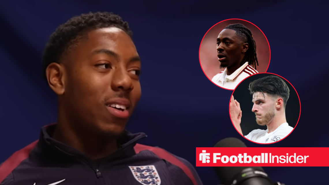 Myles Lewis-Skelly in England training shirt with Eberechi Eze and Declan Rice insets