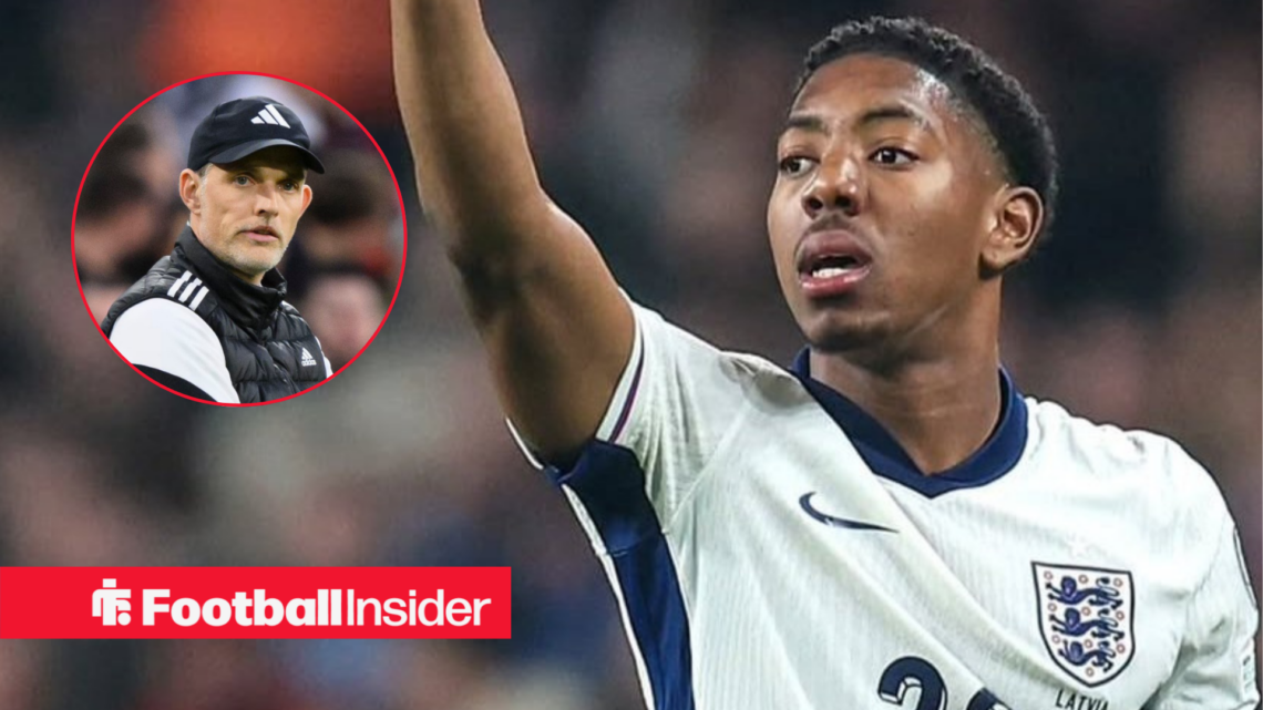 Myles Lewis-Skelly in action for England alongside a circular inset of England manager Thomas Tuchel