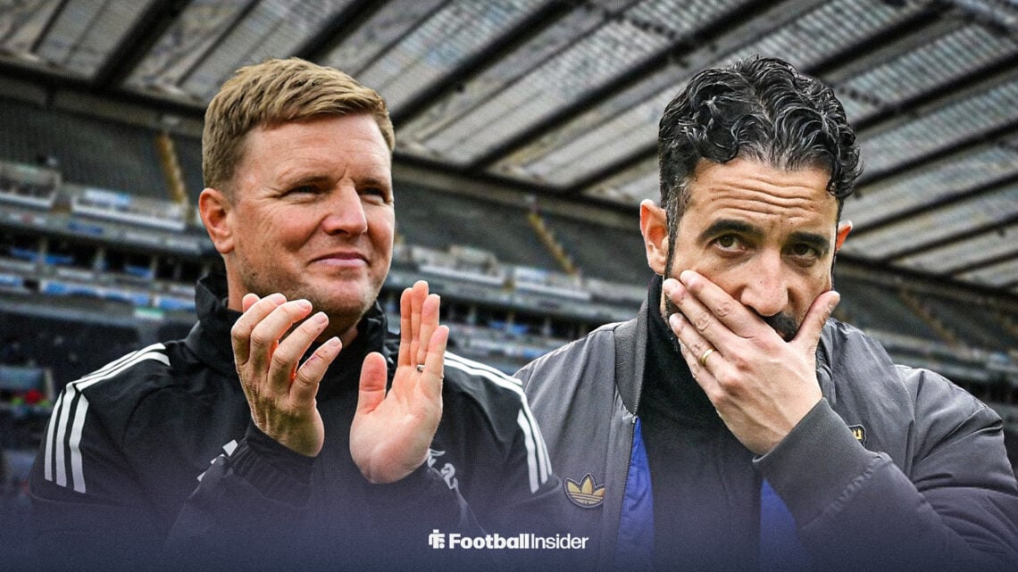 Eddie Howe applauds as Ruben Amorim looks shocked at St. James' Park