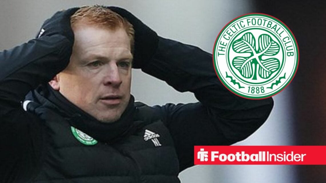 Former Celtic manager Neil Lennon with hands on his head in shock alongside a circular inset of the Celtic badge.