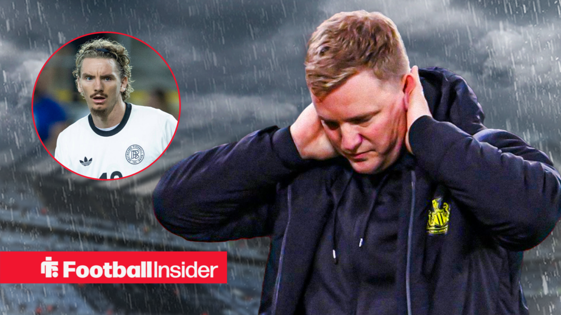 Nick Woltemade in a Germany shirt next to an image of Eddie Howe looking worried