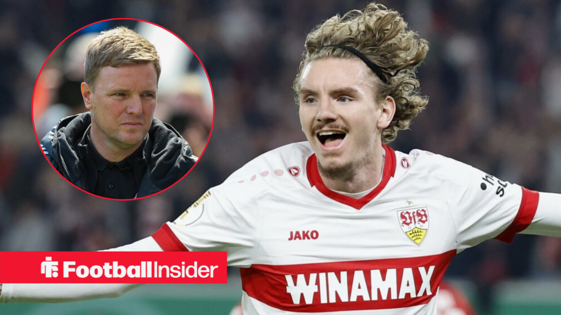 Nick Woltemade in a Stuttgart shirt with Eddie Howe included in a circular inset