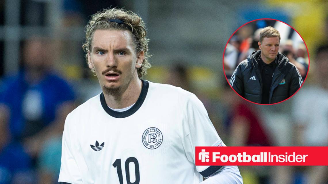 Nick Woltemade in a white Germany kit and Eddie Howe in a black Newcastle jacket in a red circle