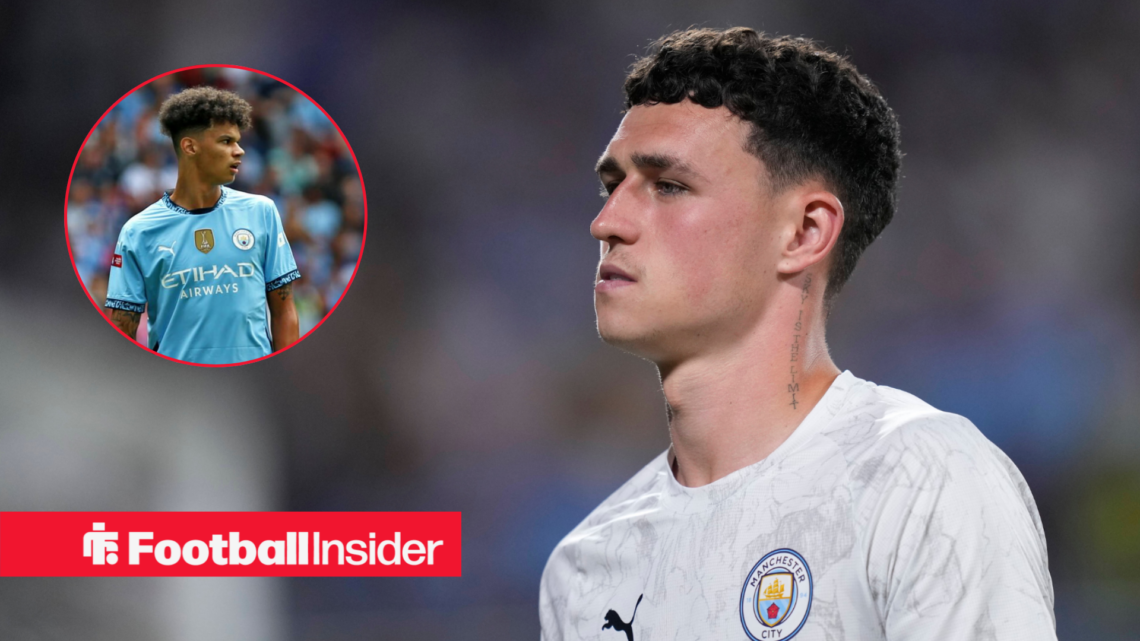 An image of Nico O'Reilly in a Manchester City home shirt alongside Phil Foden in a training shirt
