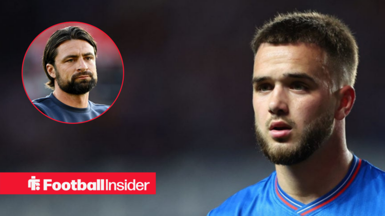 Rangers midfielder Nico Raskin, alongside a circular inset of Rangers manager Russell Martin