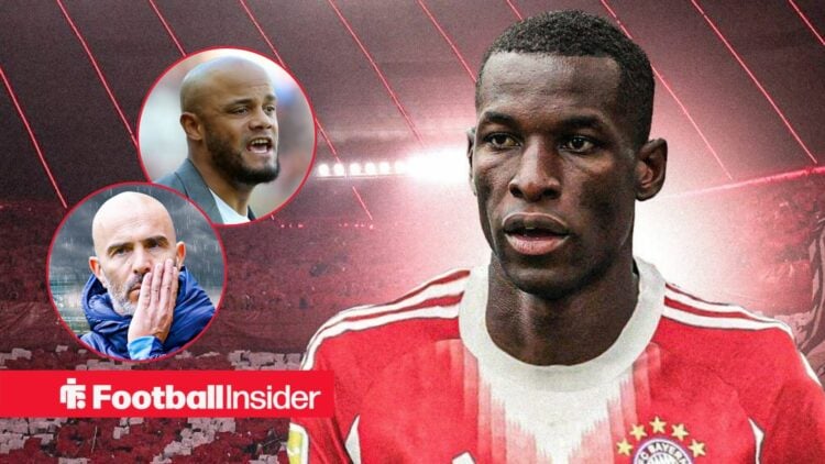 Bayern's Nicolas Jackson main image, Chelsea manager Enzo MAresca, Bayern manager Vincent Kompany both left insets