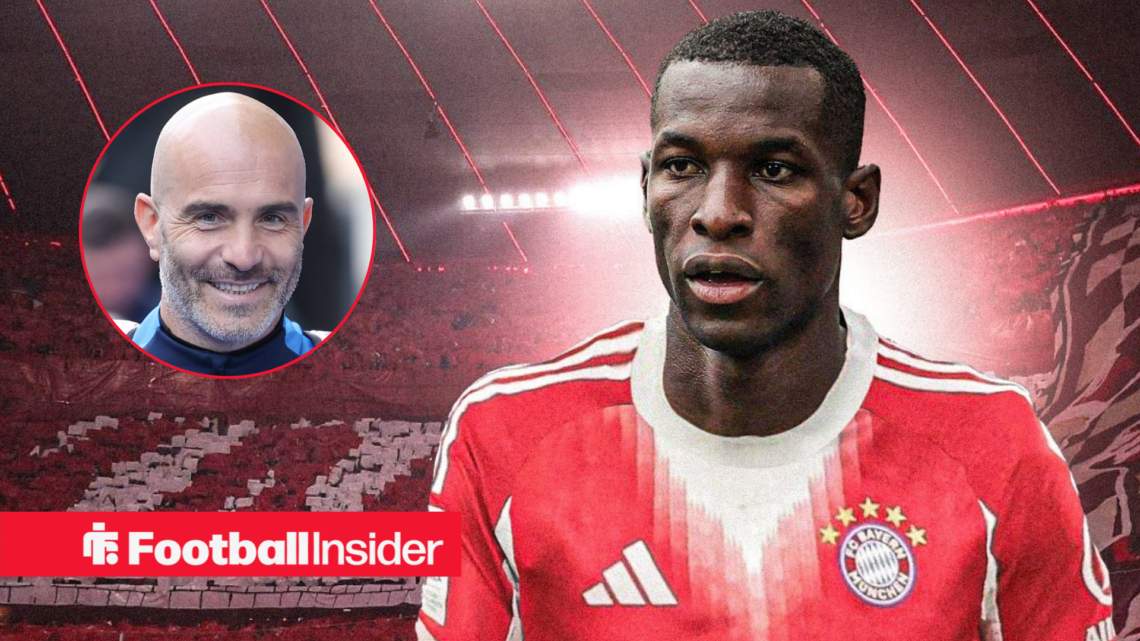 Nicolas Jackson in a Bayern kit with Chelsea manager Enzo Maresca smiling left inset