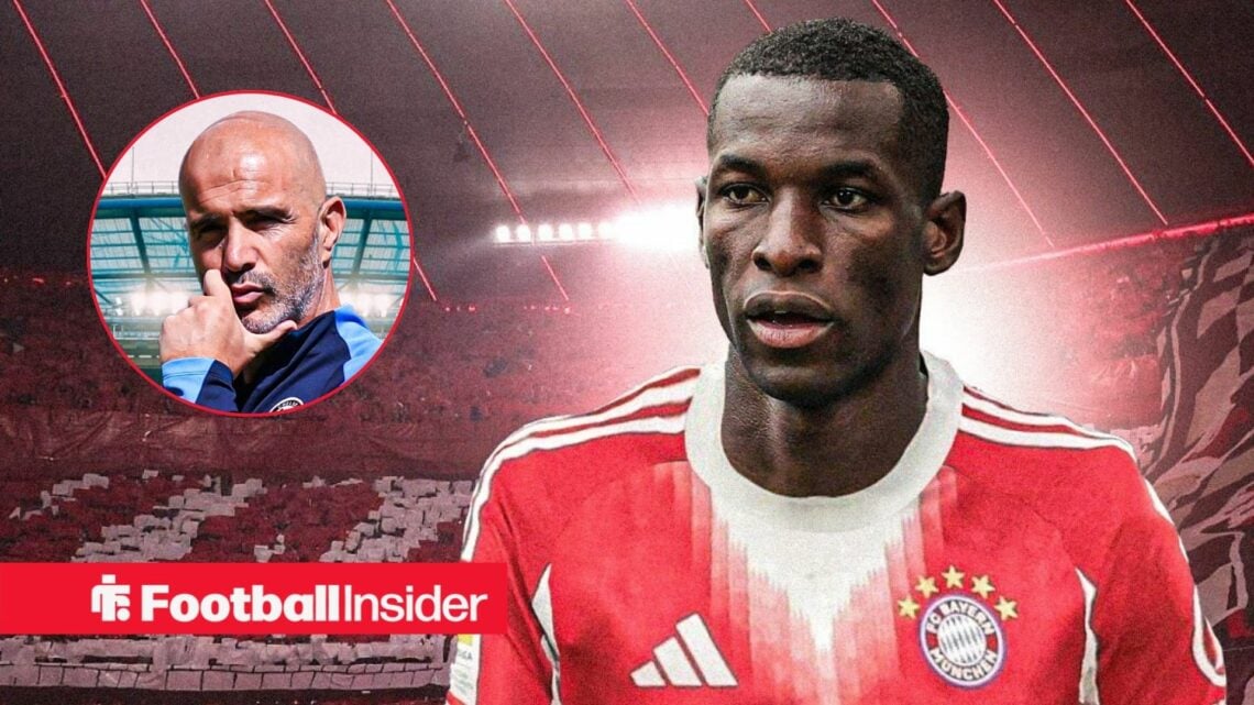 Bayern Munich's Nicolas Jackson at the Allianz Arena with Chelsea boss Enzo Maresca looking interested left inset