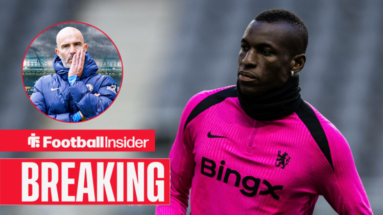 Nicolas Jackson in a pink Chelsea kit, Enzo Maresca in the rain in a circular inset