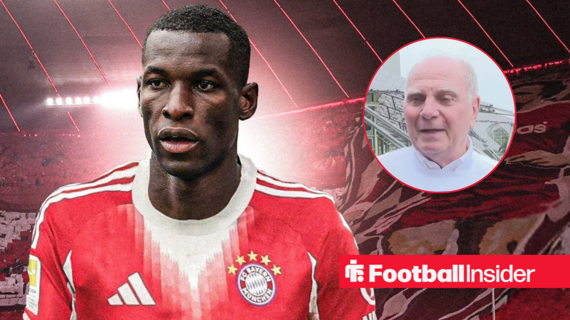 Nicolas Jackson in a Bayern kit at the Allianz Arena with club director Uli Hoeness being interviewed right inset