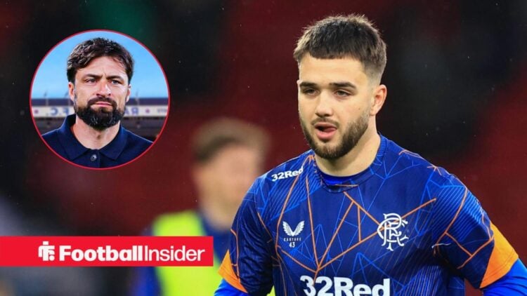 Nicolas Raskin in a warm-up for Rangers, with Russell Martin in a circular inset